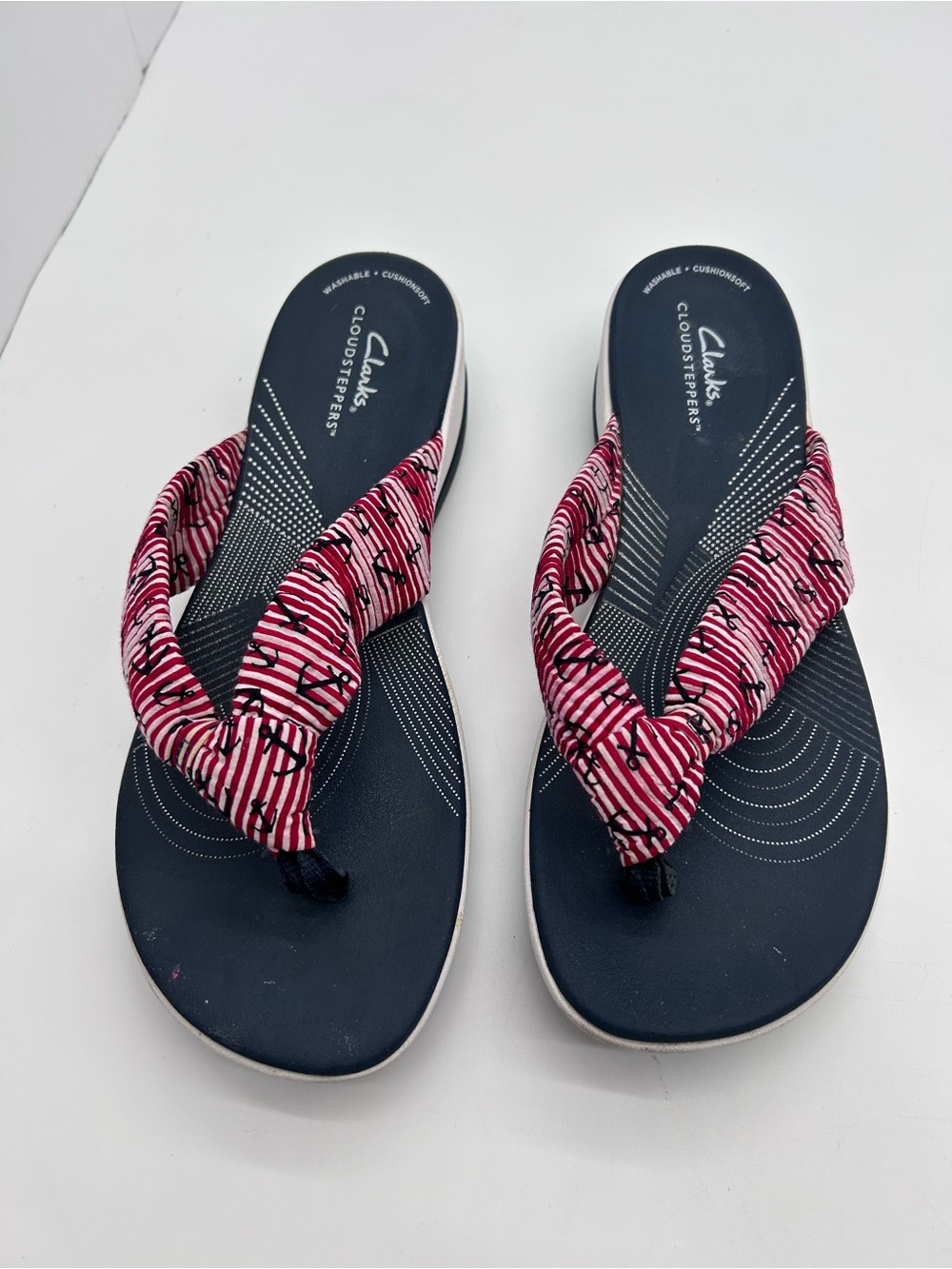 Clark’s Cloud Steppers Arla Glison Sandal Red and White Stripes Blue Anchors 7.5